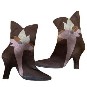 Vintage Predictions Suede Mid Calf Heeled Boots with Floral Detailing
